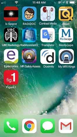  Una imagen de la pantalla de inicio del iPhone con aplicaciones de radiología descargadas.