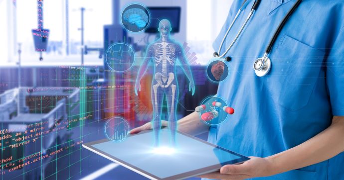 nurse holding tablet with 3D illustration of human body popping out of tablet 