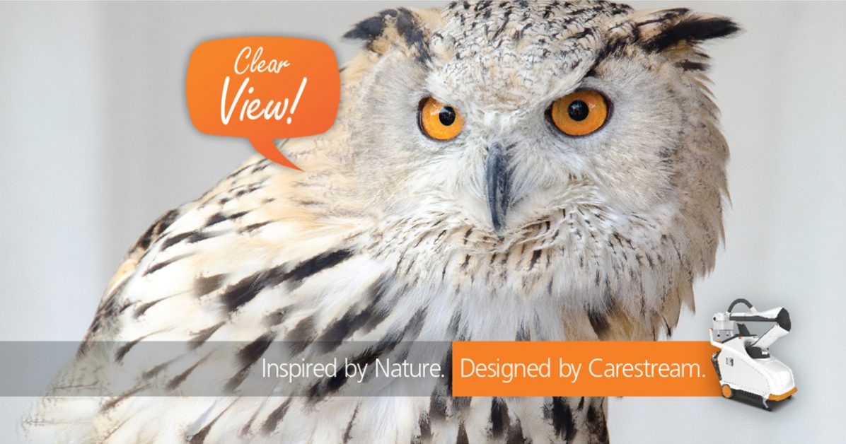 Image of Owl with texts - "Clear View! Insired by Nature. Designed my Carestream" and image of DRX Nano product. 