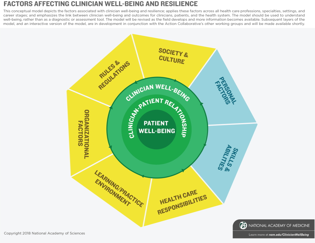 A graph that illustrates the factors affecting clinician well-being and resilience. 