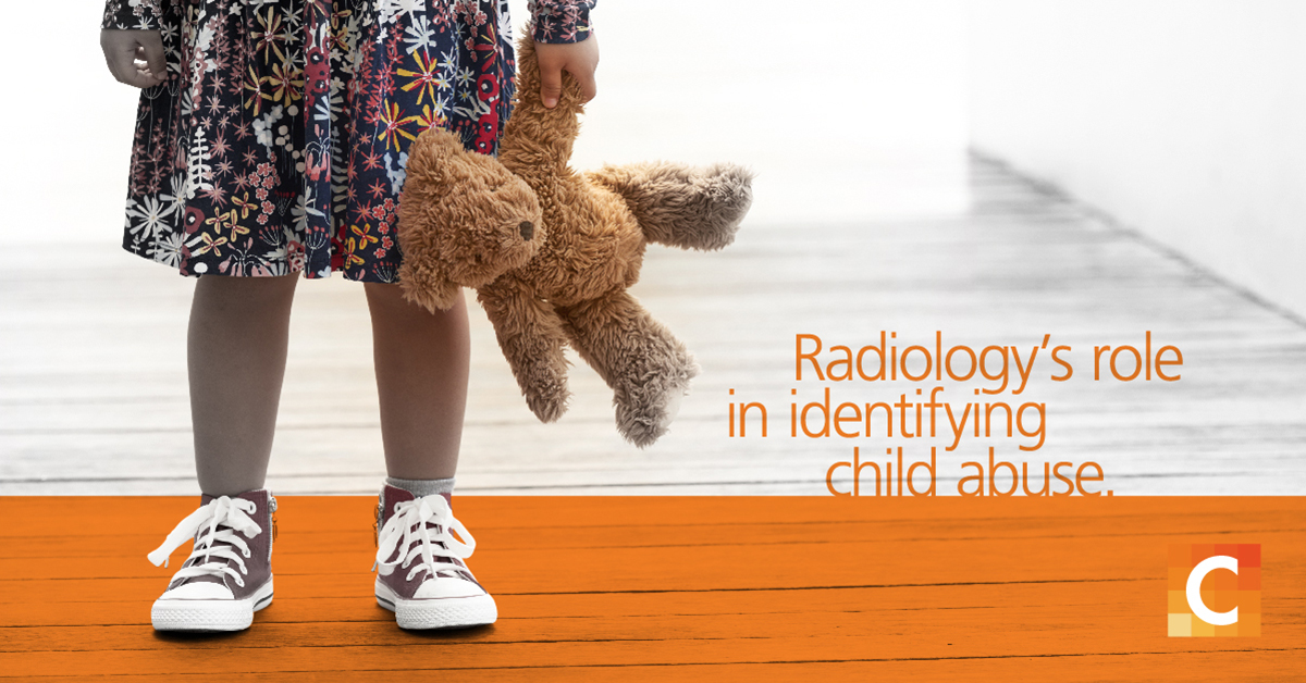 image of waist-below of a child in a dress with teddy bear with text "Radiology's Role in Identifying Child Abuse" 