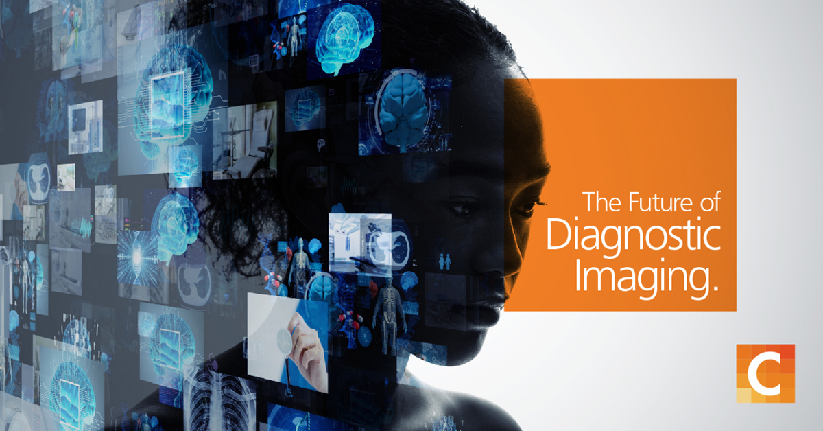 face of a woman overlapped with illustrations of multiple x-rays and medical tech on the left side of image, on right side orange box with "The Future of Diagnostic Imaging" 