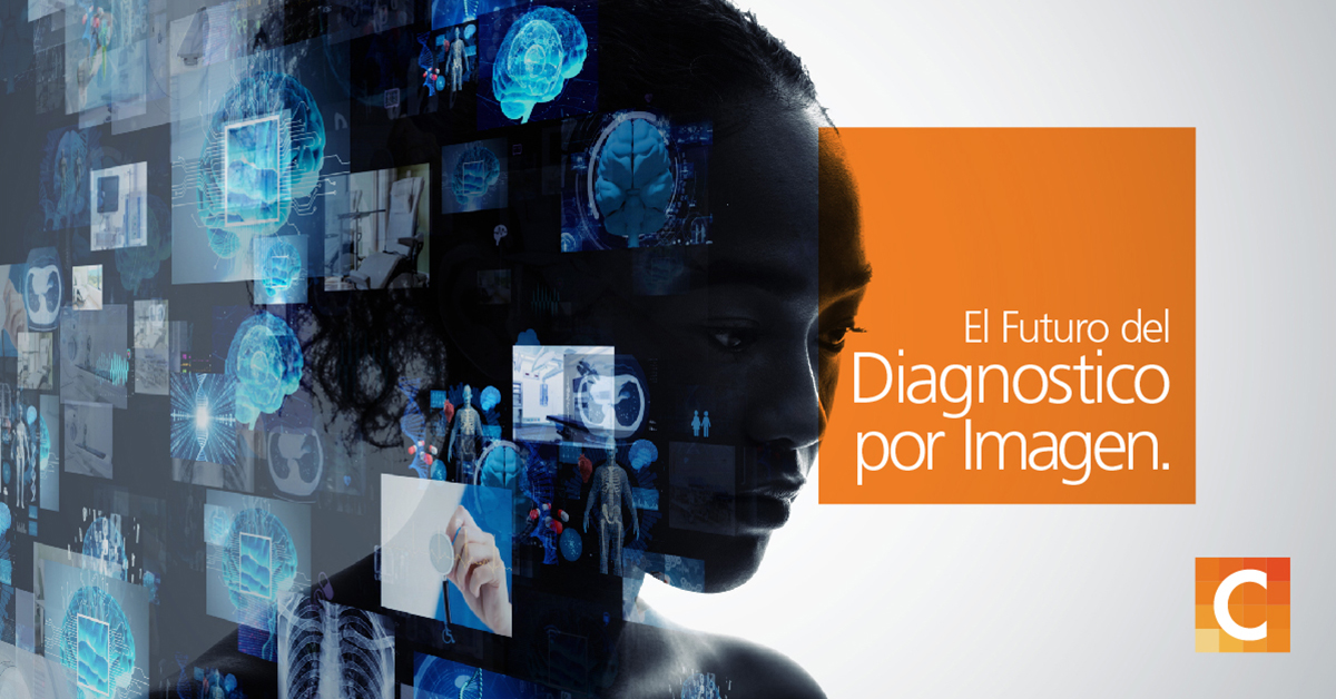 cara de una mujer superpuesta con ilustraciones de múltiples rayos X y tecnología médica en el lado izquierdo de la imagen, en el cuadro naranja del lado derecho con "El futuro de las imágenes de diagnóstico"