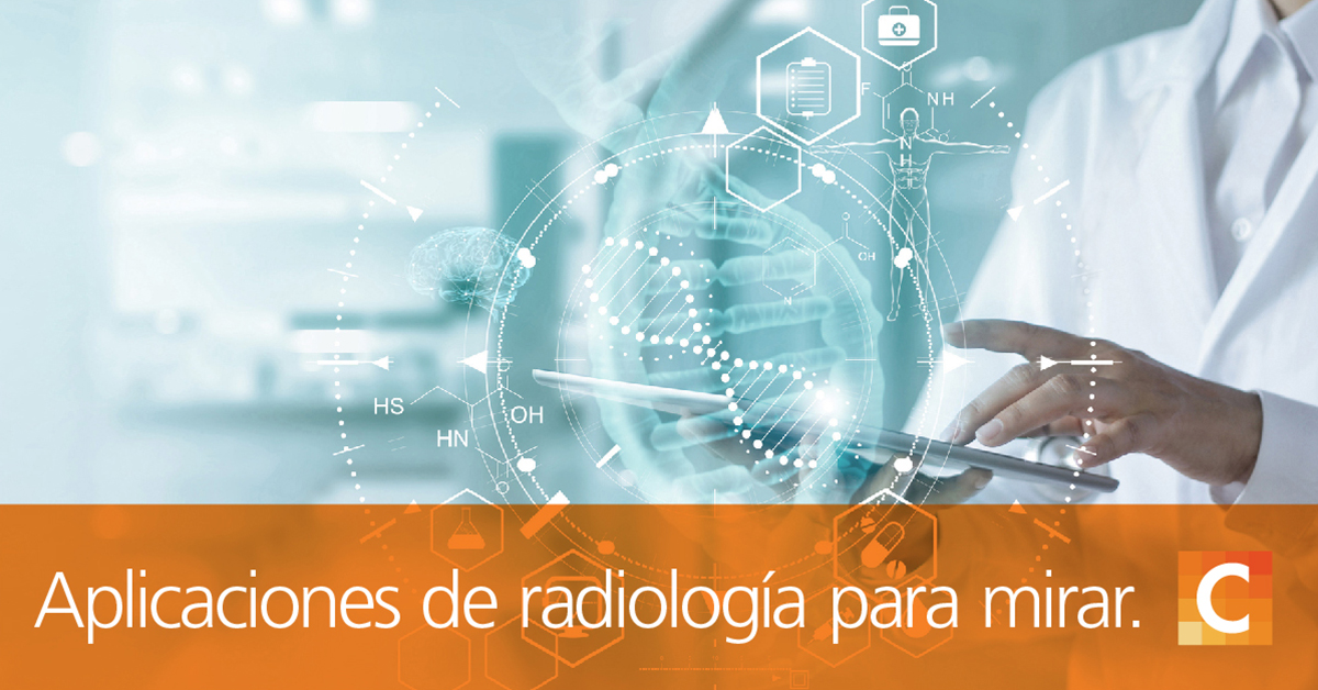 Doctor sosteniendo tableta con ilustraciones médicas, texto en la parte inferior de la imagen "Aplicaciones de radiología para ver en 2020"