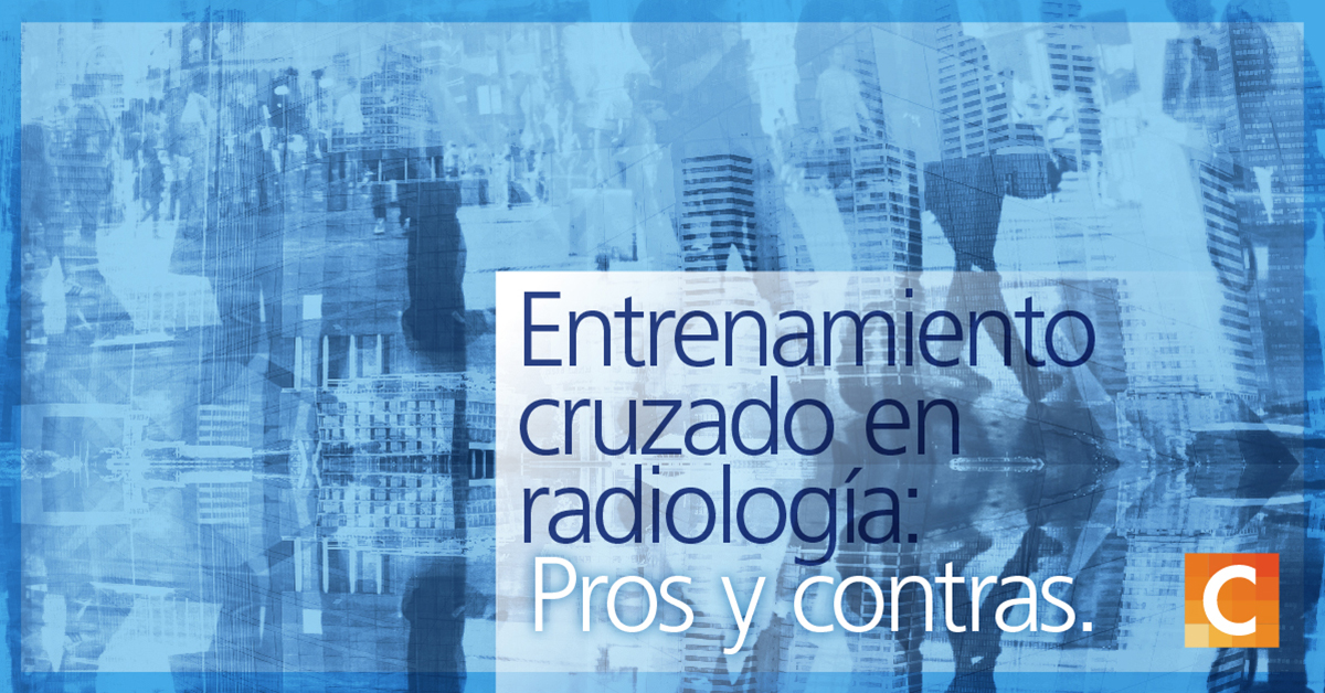 Ilustraciones de datos y personas caminando en el fondo de la imagen junto con el texto "entrenamiento cruzado en radiología: Pros y contras"