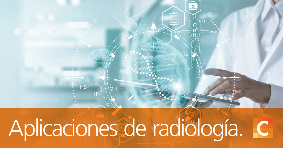 Doutor, segurando o tablet com ilustrações médicas, texto na parte inferior da imagem "Aplicativos de radiologia para assistir em 2020"