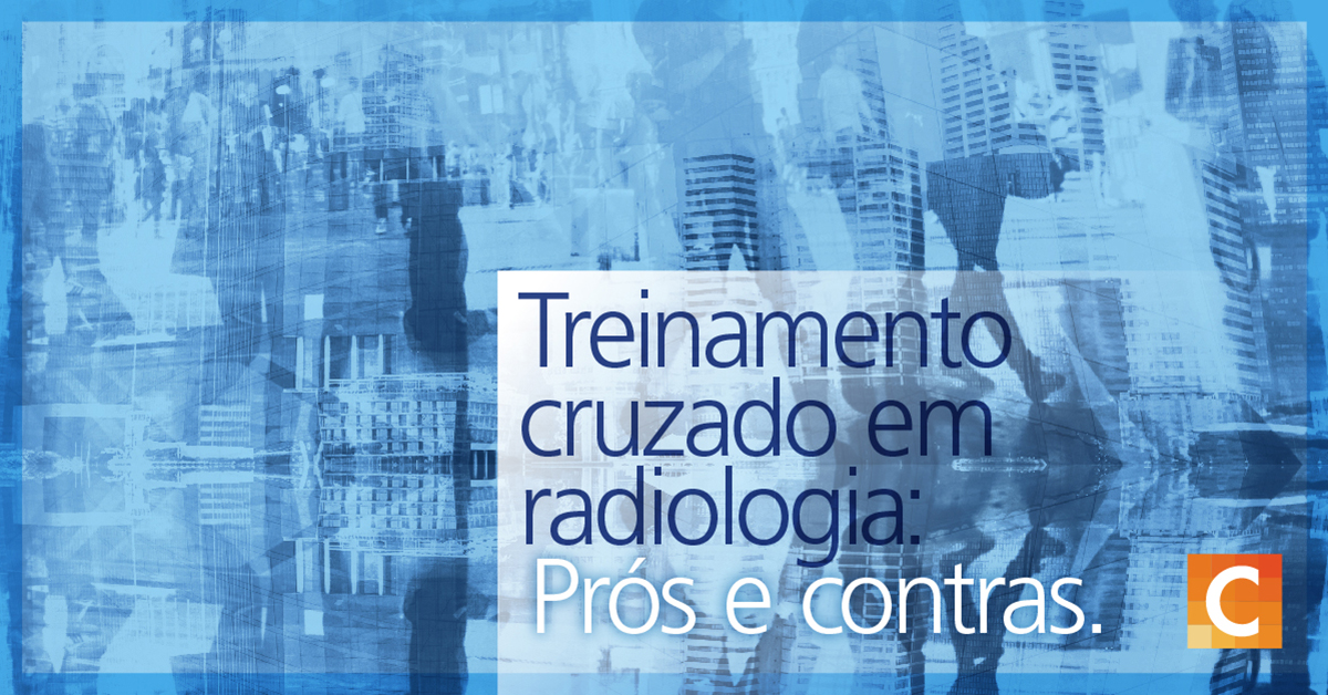 Ilustrações de dados e pessoas andando no fundo da imagem junto com o texto "Equipe de radiologia de treinamento cruzado: prós e contras"