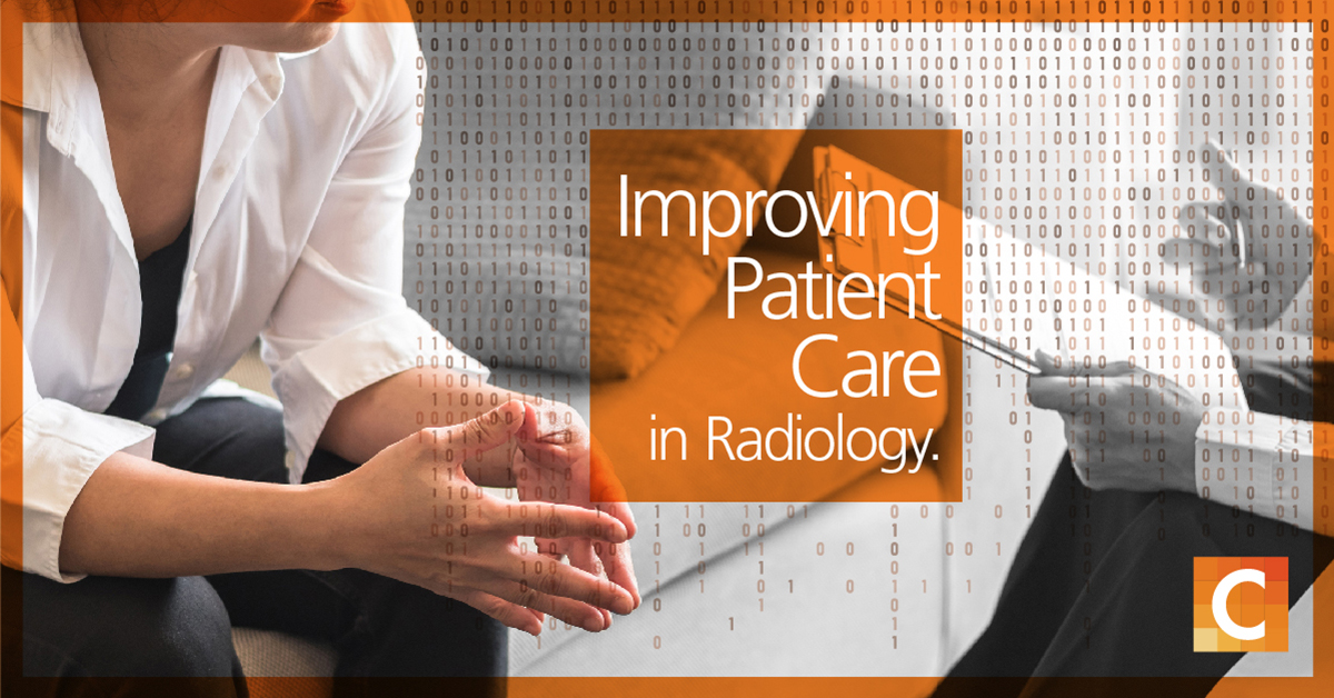 image of a patient discussing with a professional on the right who is holding a clipboard. Text on orange overlay "Improving Patient Care; in Radiology" 