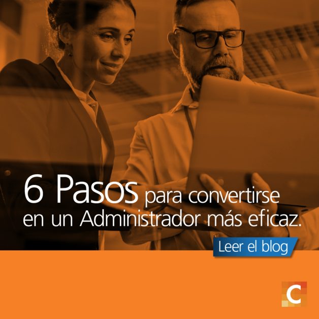 Foto de un hombre y una mujer mirando un portátil. La frase "6 pasos para convertirse en un administrador más eficaz" superpuesta.