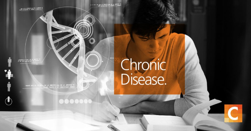 Student studying. with orange text box reading chronic disease. Carestream logo in the bottom right corner. 