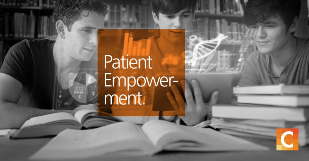 Three students studying. Orange text book reading patient empowerment. Carestream logo in the bottom right corner. 