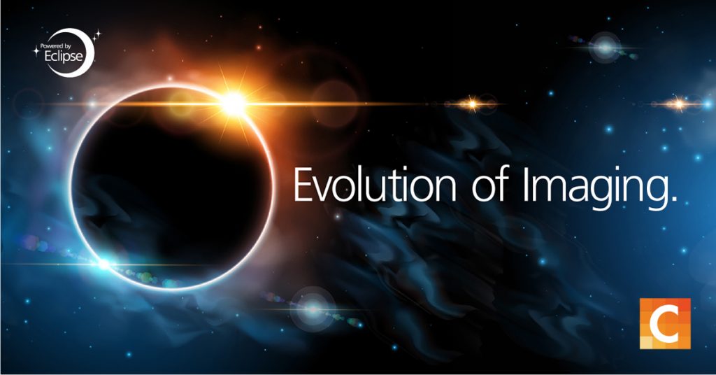 Solar eclipse with text to the right reading evolution of imaging. Carestream logo in the bottom right corner.