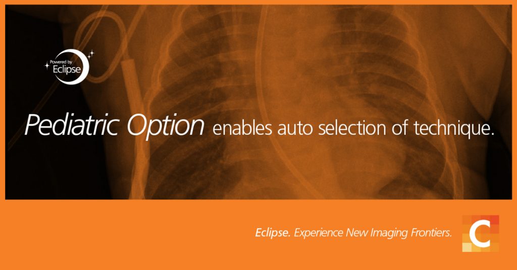 Photo of X-ray. Orange overlay with pediatric option enables auto selection of technique. Carestream logo in the bottom right corner. 