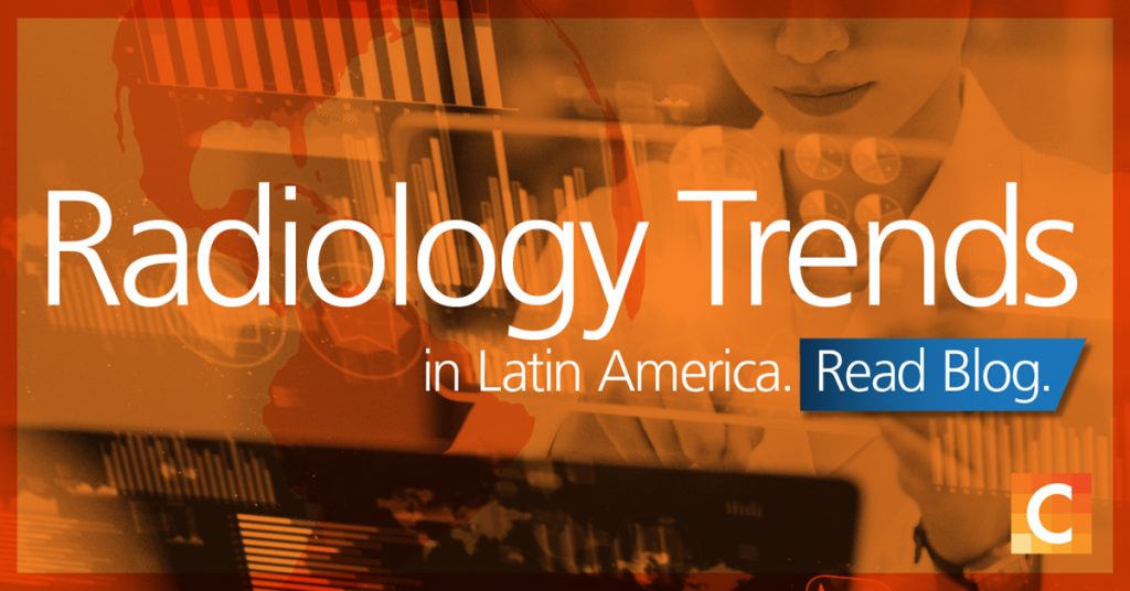 Image of data in background with radiologist. Text "Radiology Trends in Latin America" 